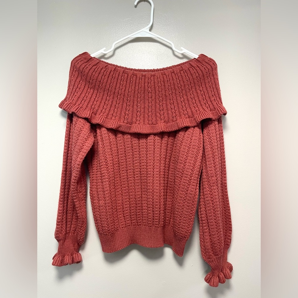 Women's Off-Shoulder Knit Sweater - Coral - Picture 2 of 6